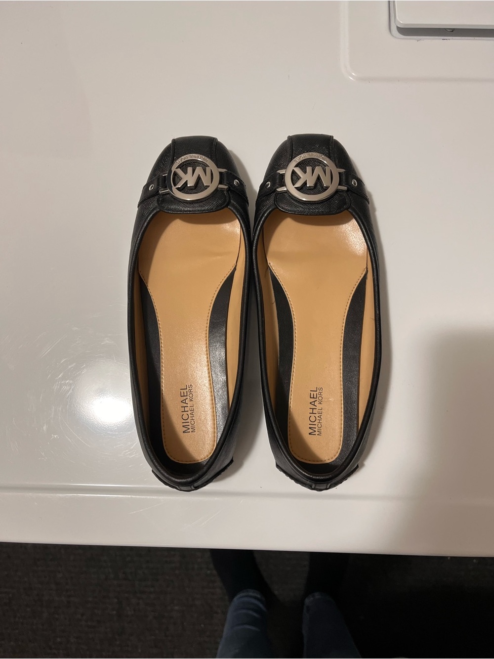 Michael Kors Black Leather Logo Ballet Flats with Silver MK Emblem